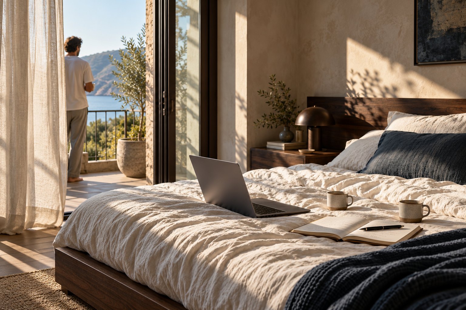 Editorial scene: morning light fills the bedroom as a person looks out from the balcony